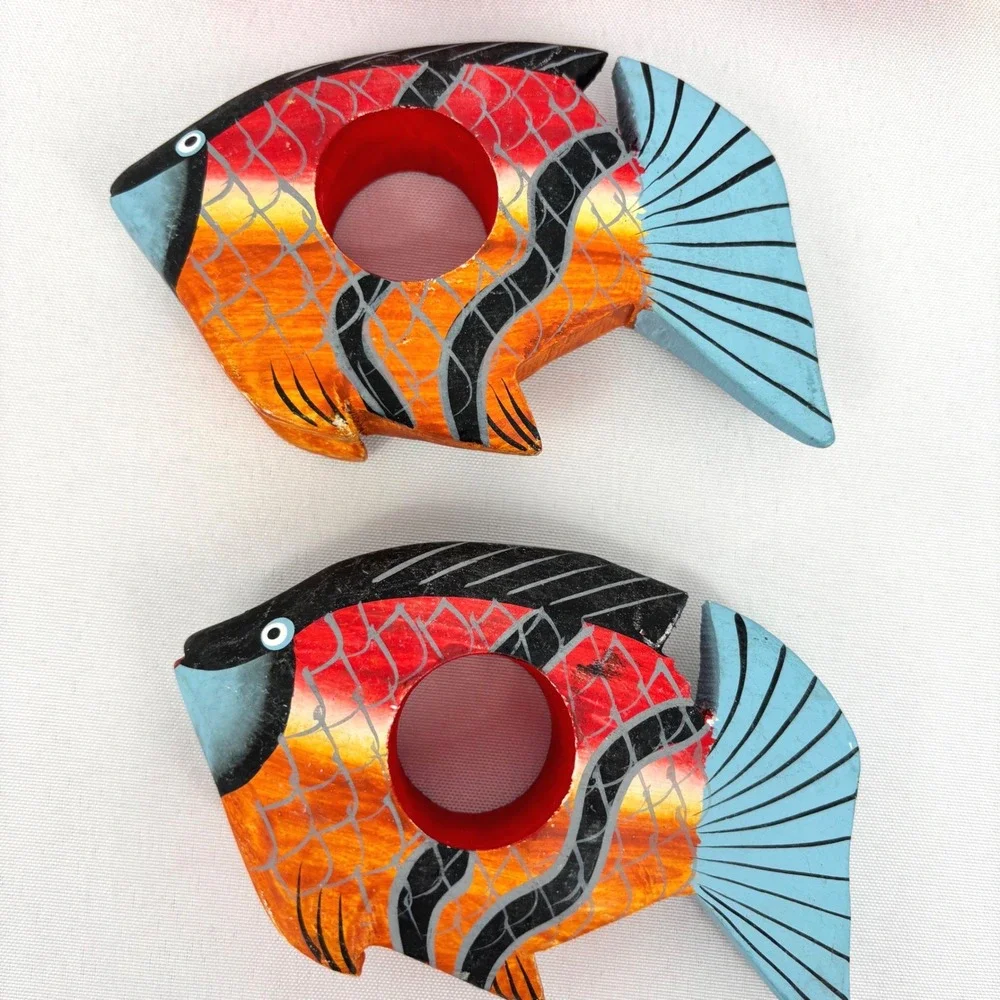Vintage Hand Painted Wooden Fish Napkin Rings Tropical Nautical Set of 9